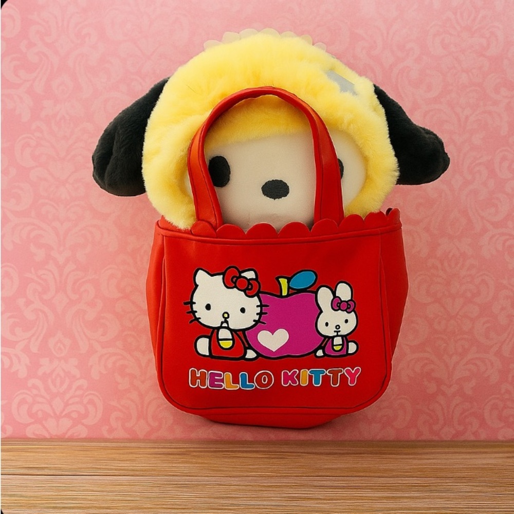 Hello Kitty Vinyl Purse Tote Red Vintage Sanrio Smiles 2003 W/ Yellow Dog Plush